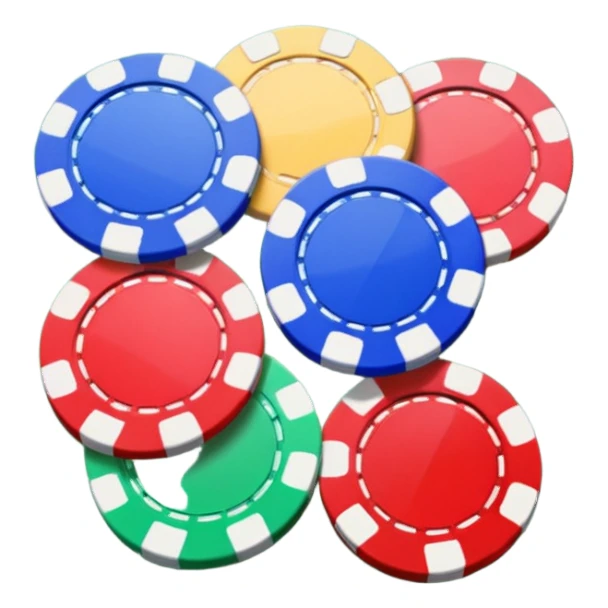 Poker chips, scattered around with 5 cards containing 3 of a kind sticker