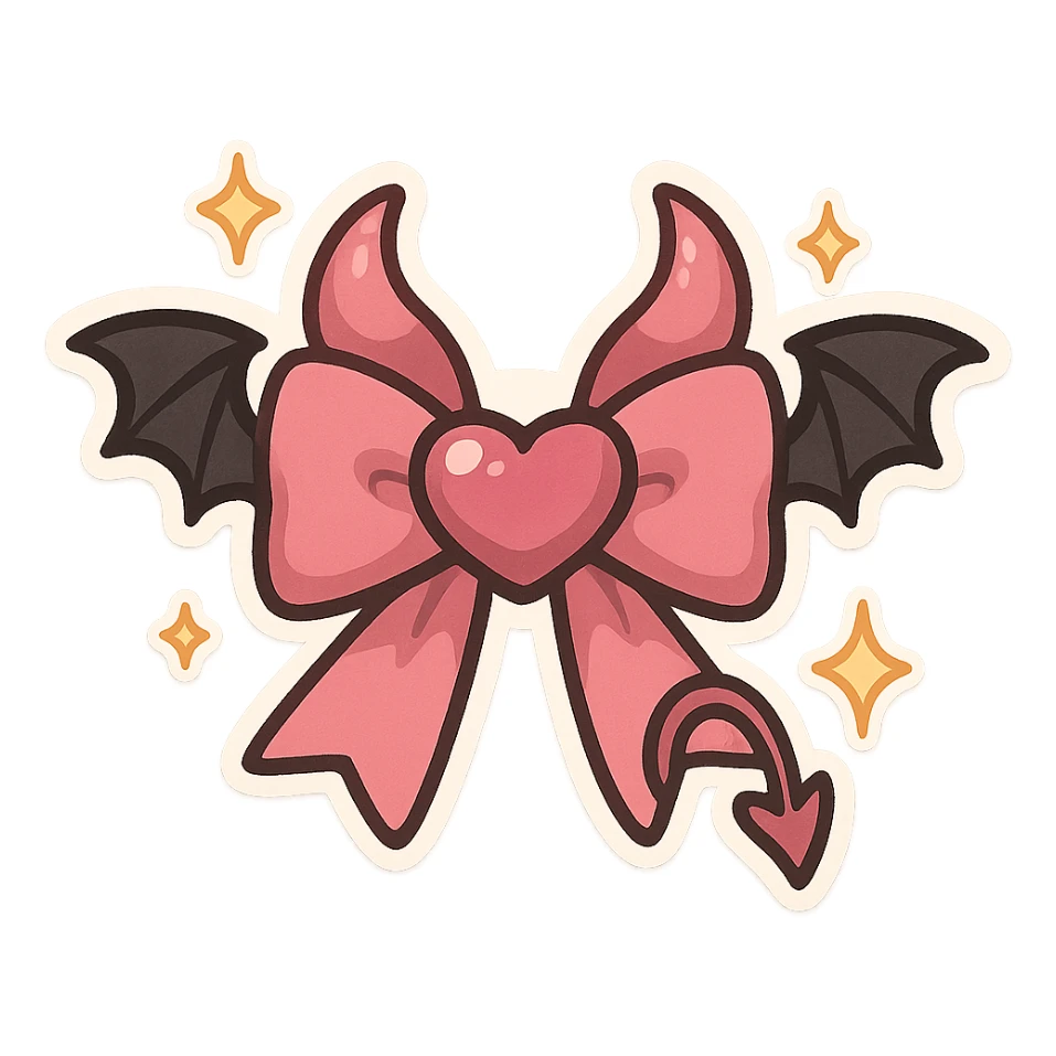 devil bow, chibi style, pink and black, tiny horns, heart-shaped center, cute but mischievous, bat wings, sparkles sticker