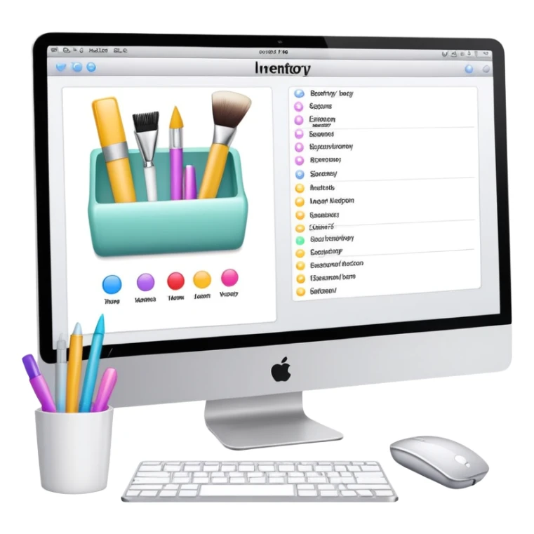 iMac showing beauty salon inventory software with notebook and pen next to it sticker