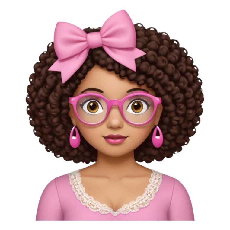 medium-light kinned afro-latina girl with medium length chocolate brown side part curly hair, small pink bow, brown glasses, brown eyes, pink and white sweetheart necklined top with lace, round wide-ish nose, chubby oblong face sticker