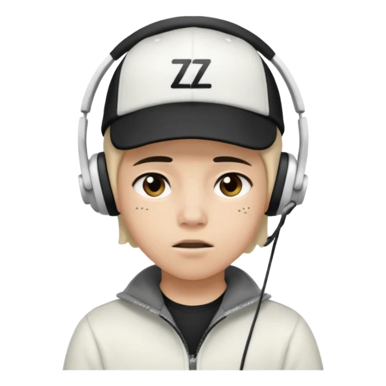 Adolescente com fone branco no ouvido é um boné preto, com uma carinha de sono e uns z z z sticker