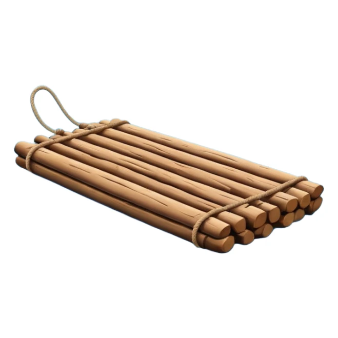 showing a simple wooden raft floating on calm blue water — made of several brown logs tied together with rope — gentle ripples around it — bright, cheerful lighting and soft shadows — minimalist, clean emoji design sticker