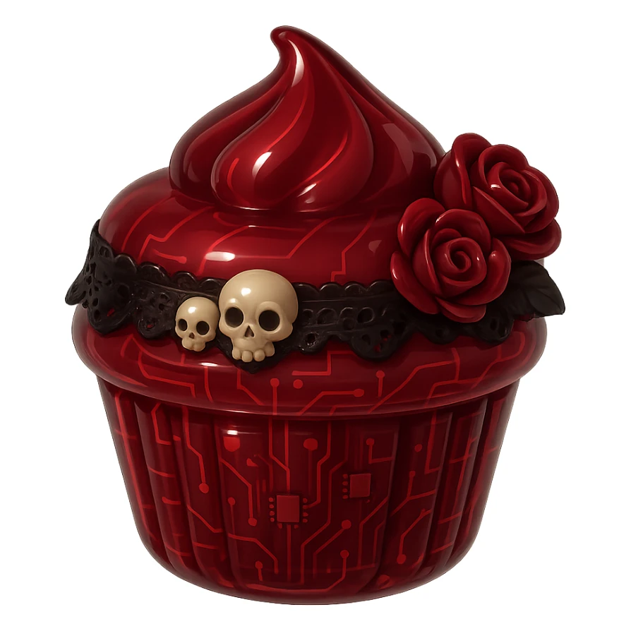 Gothic cupcake in glossy circuit style, burgundy color, with gothic decorations such as black lace, tiny skulls, and dark roses, no background sticker