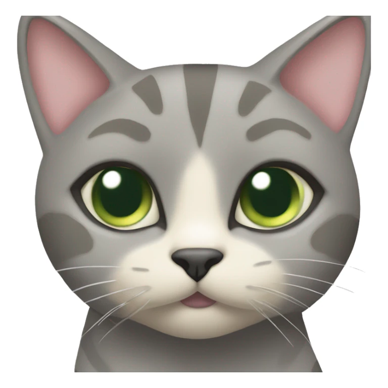 All grey and tan cat with cream pattern on her forehead. Green eyes and pink nose sticker