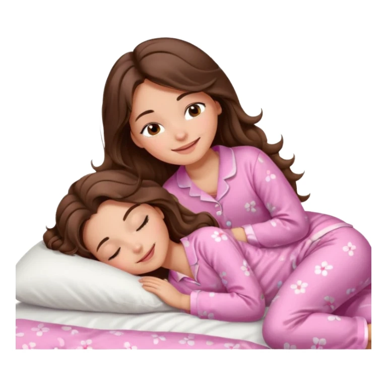 Brunette girl with long wavy brown hair with brown eyes and sleeping on a withe bed with cute pink pjs sticker
