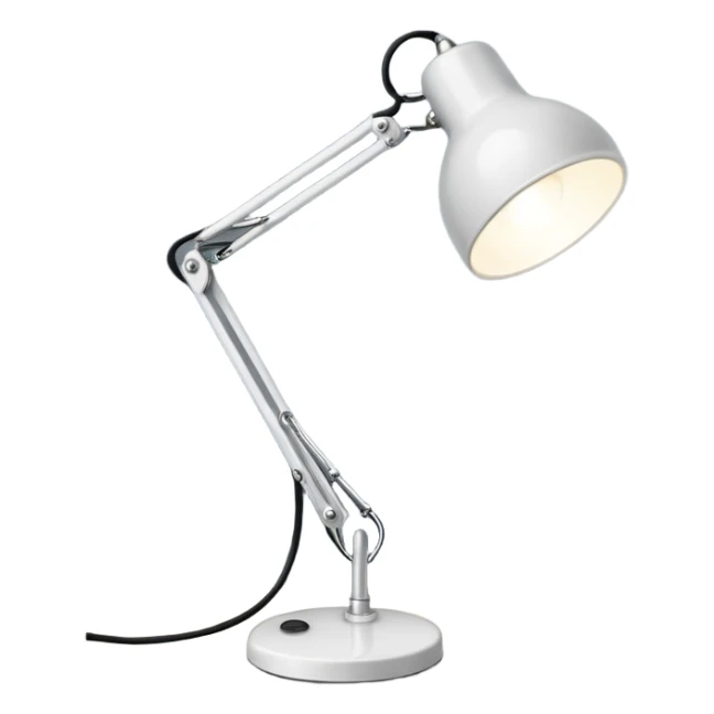 A small white desk lamp with a round base and a flexible, jointed neck. It leans forward playfully, like it’s alive, with a big circular light as its “head.” Iconic and full of character. sticker