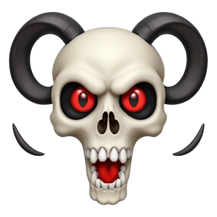 stylized skull with dramatic black ram horns, bright red eyes, big open mouth, playful, eye-catching sticker