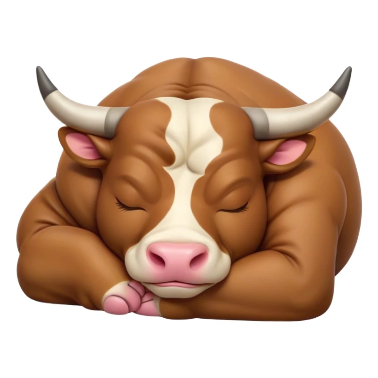 Meme-Worthy Cute Sleeping Domestic Bull Portrait Emoji, Head resting peacefully with a contented smile, showcasing a robust, muscular build and a luxuriously soft coat, eyes gently closed in serene, restful slumber, Simplified yet hilariously adorable features, highly detailed, glowing with a soft, drowsy natural light, high shine, relaxed and utterly lovable, stylized with an air of playful laziness, soft glowing outline, capturing the essence of a sleeping domestic bull that feels destined to become the next viral sensation of adorable rest! sticker