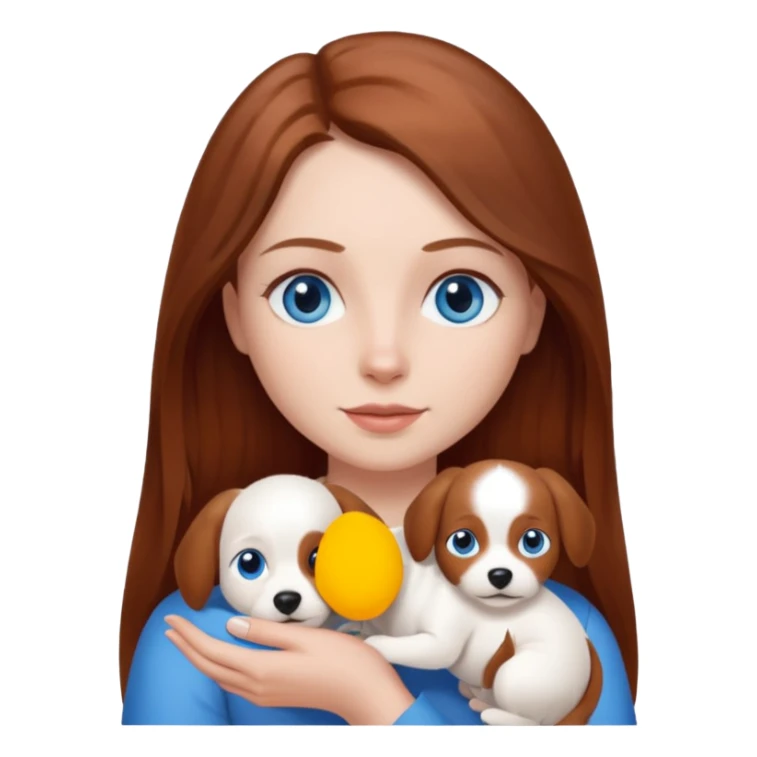 long hair chestnut color blue eyes woman holding small plain white dog sticker