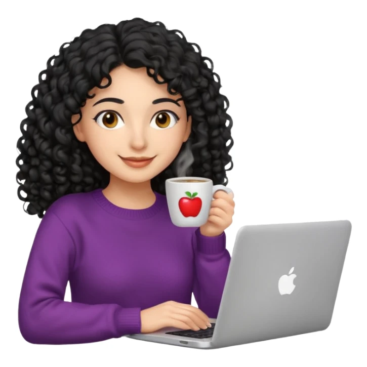 young Persian woman, 20 years old, black curly hair, wearing a sweater, drinking coffee and working on a laptop, smiling, 3D Apple emoji style sticker