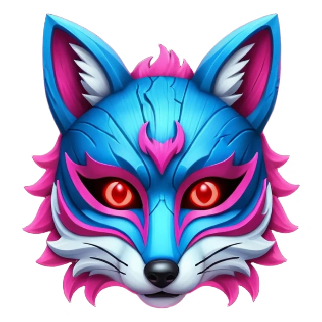 Ancient wooden mask, split in half, luminous and neon with red, blue and pink fox-like glow. sticker