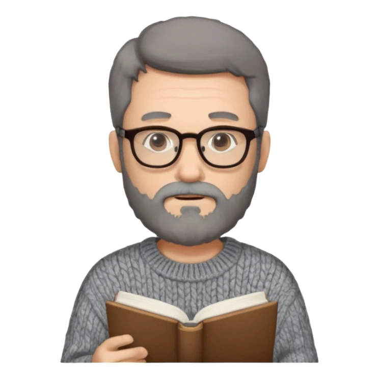A man with a large gray beard, dark hair, and glasses, studying. sticker