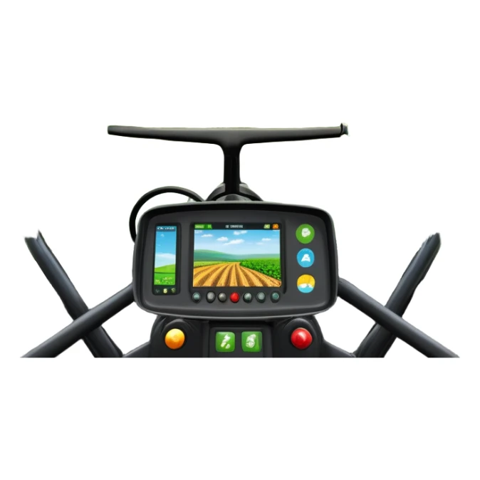 a view from the tractor cabin, with the dashboard in focus, overlooking a vibrant rural landscape. Inspired by Farming Simulator 22, the scene includes fields, crops, and distant barns under a bright sky. The design highlights the immersive experience of farm management. transparent background sticker