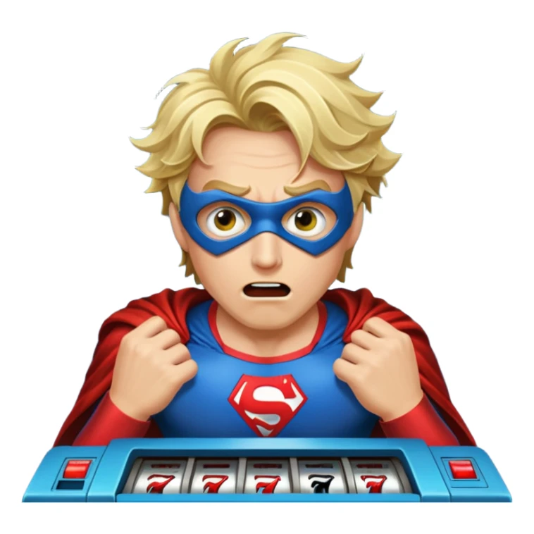 disheveled super hero losing money at a slot machine, panicked face, coins flying sticker