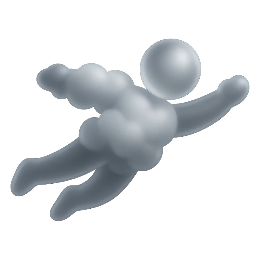 minimalist flying person composed of white fluffy clouds, matte glass style, no background sticker