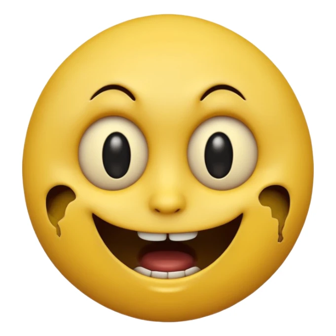 A horror-style emoji face, round yellow emoji shape, distorted facial expression, dark hollow eyes, creepy smile, cracked surface, unsettling mood, high detail, 3D render
 sticker