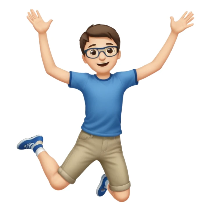 Very excited boy, jumping for joy, full body, eyes closed, wearing glasses sticker