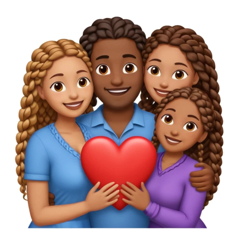 A throuple, with one tall large brown skinned black man with a low cut, a brown skinned large woman with long hair, and a brown skinned woman with braids, embracing each other, heart emoji sticker