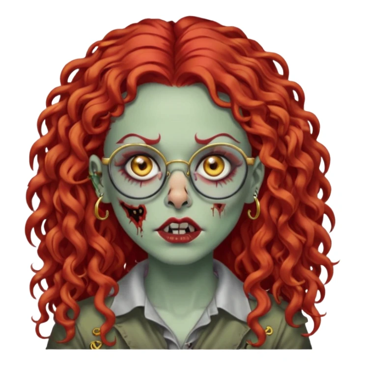 zombie with long red curly hair, thick lashes, black glasses, gold nose piercings on each side of her nose, and a gold eyebrow piercing. sticker