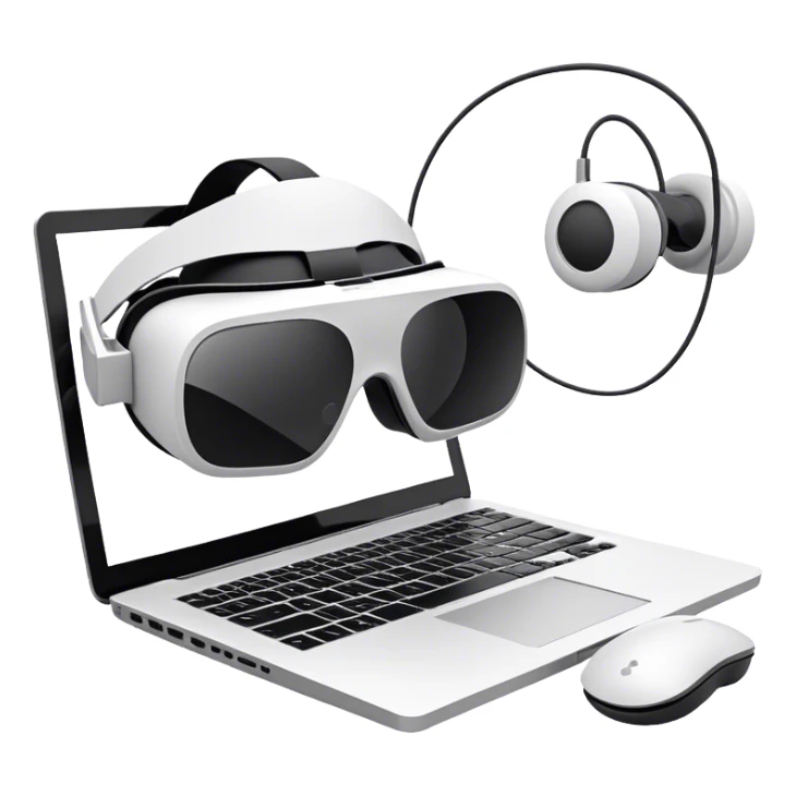 VR headset lying next to a laptop, connected by wires. On the laptop screen a VR/AR modeling soft program is opened. Floating 3D models or virtual objects. Modern, tech-inspired colors. No emojis or smiley faces. Transparent background. sticker