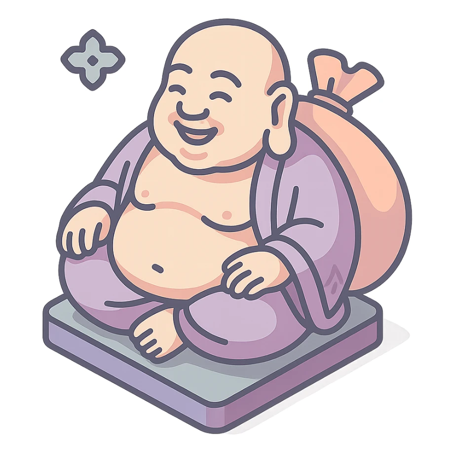 Hotei (Buddha of happiness), 2D isometric style, clean lines, sharper angles, high detail, pronounced shadows and highlights, minimalist eastern accent, pastel palette #98B5BC, #B5B3C1, #C9A3C9, #E4C0CA, #F7DCD1, #F7C0AA, transparent background sticker