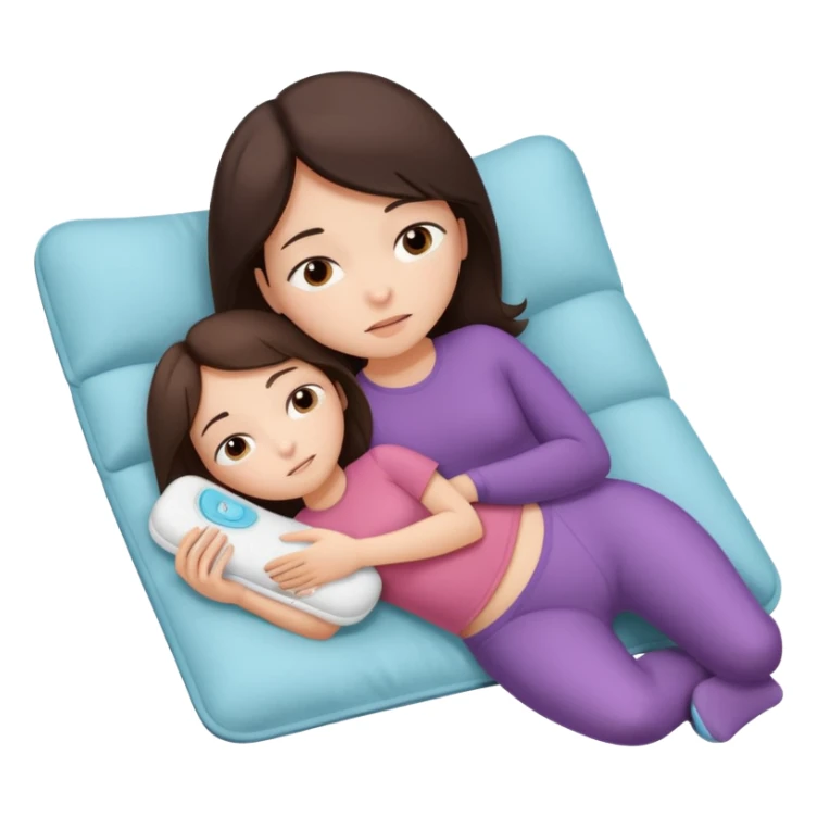  a brunette girl lying down on her side, holding a warm heating pad against her lower belly. She's uncomfortable and sad, her posture should show she’s having menstrual cramps. Use simple lines, rounded shapes, soft colors, and a clean emoji aesthetic. Make it expressive but still adorable sticker
