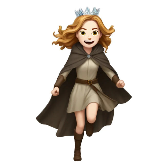 Emma Stone running, with a large stride and arms outstretched, wearing an icicle crown and winter cloak, long golden brown hair sticker