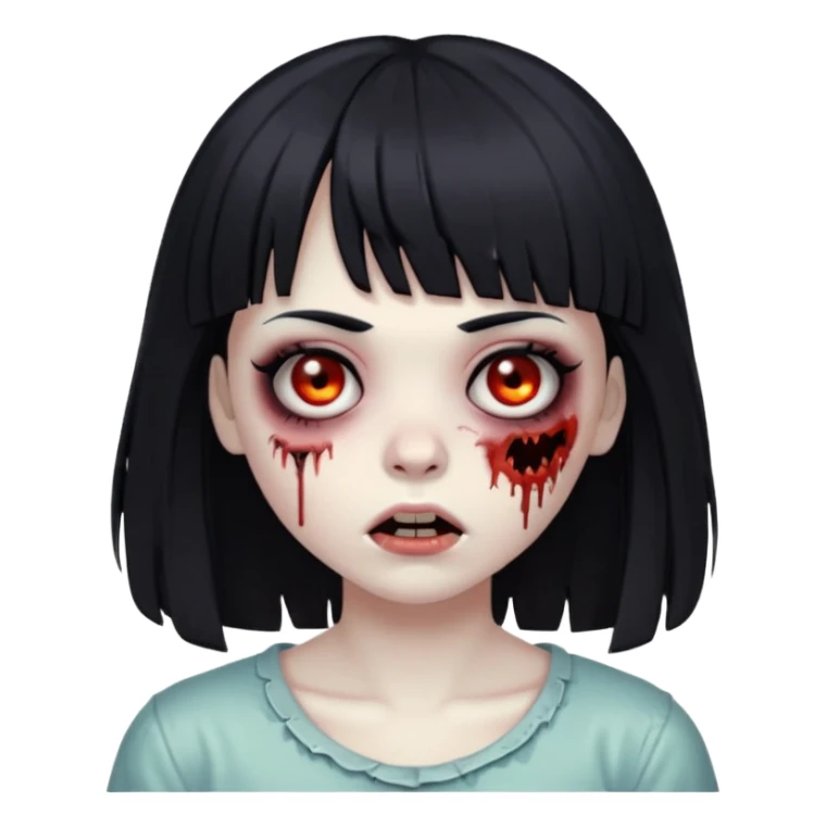 Make a zombie girl with black eyes and black hair with bangs sticker