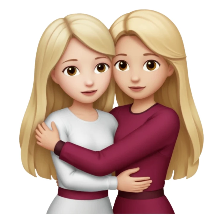 two girls who hug eachother. one has long dark blonde hair with blonde highlights and very pale skin , other has medium skintone and blush and medium blonde hair. girl with long dark blonde hair is wearing a white outfit and girl with blonde hair is wearing a burgundy outfit sticker
