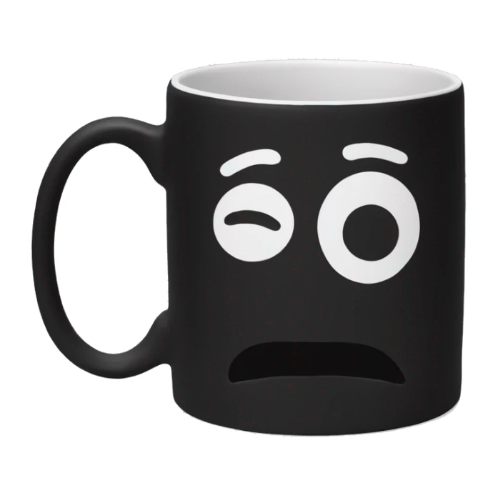 Black ceramic round mug, white on the inside, rubbery on the outside sticker