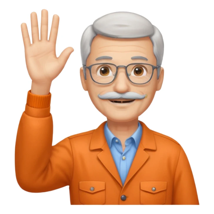 60 yr man with partially gray hair, mustache, light glasses, work clotheswaving hello sticker