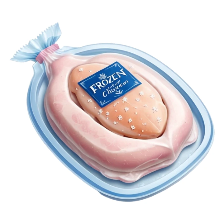 A pack of frozen chicken breasts sealed in transparent plastic packaging, covered with frost and ice crystals. The meat looks pale pink with a slight icy glaze, sitting in a freezer with cool blue lighting. Realistic detail, cold atmosphere, food photography style. sticker