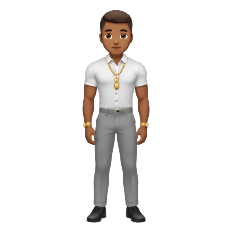 Handsome Black guy with brown skin tone, with lean muscular build, wearing gray slacks, a white button up top, black shoes, and a gold chain sticker