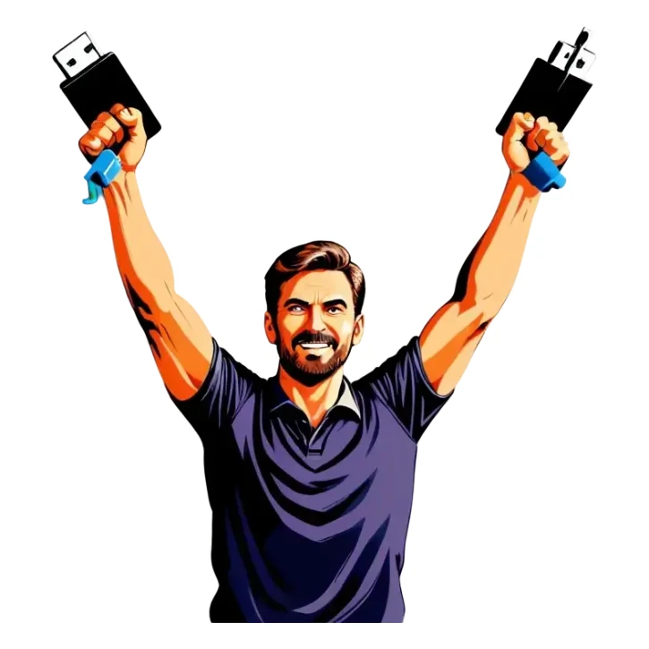 Man holding both arms in the air and holding an electrical cable sticker