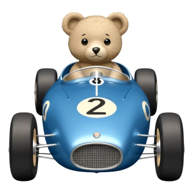 Metallic blue and lightly chrome-accented Antique-looking  kid-sized race car for teddy bear with custom aero body and rear wing sticker