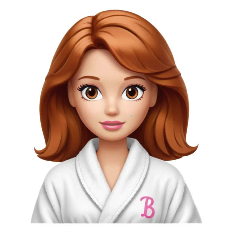 Barbie's face with shoulder-length reddish-brown hair, makeup, cream smeared on her face , in a bathrobe with sticker