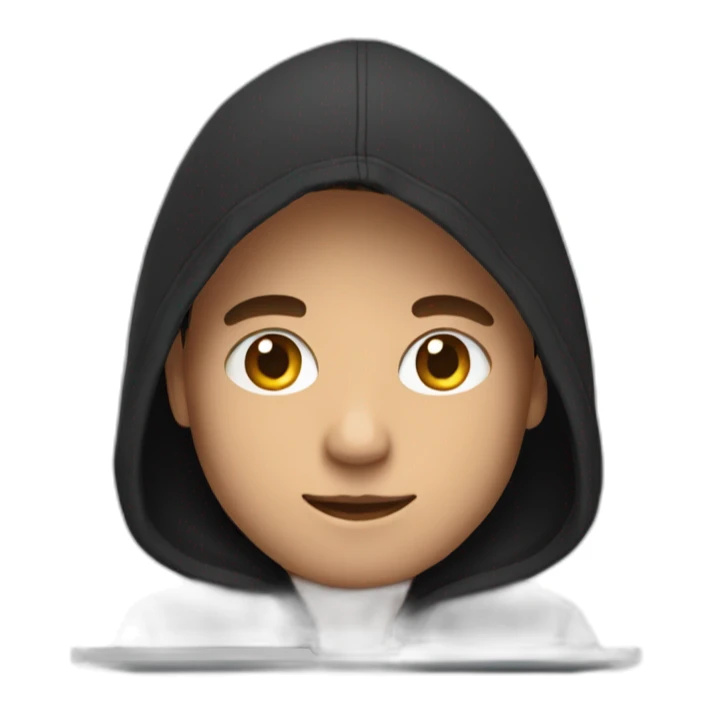 a man wearing a black hoodie behind a laptop screen sticker