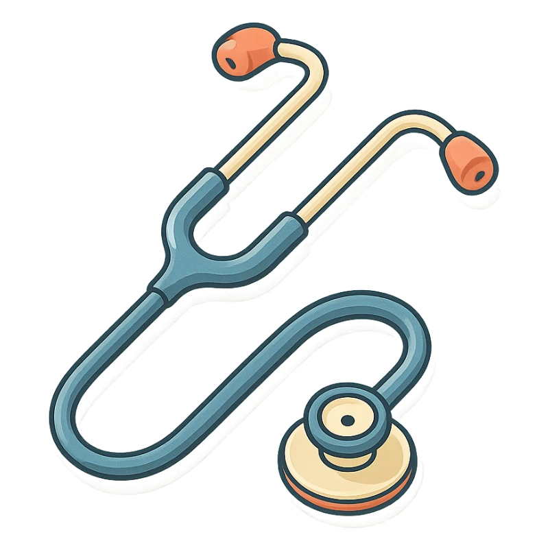 stethoscope viewed from above, rotated at an angle, 2D isometric style, detailed drawing, detailed shadows and highlights, clean contours, soft lighting, transparent background sticker