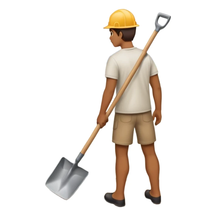 camera facing his back while he’s holding a shovel pointed towards his thigh in air, while staring out to a road  sticker