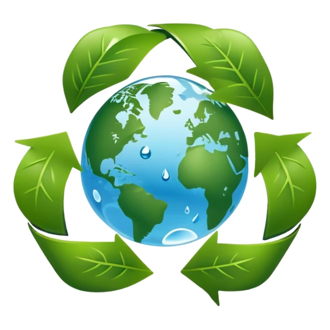 An icon featuring a globe with green leaves, a recycling symbol, and a water droplet, symbolizing ecology. The design includes trees, animals, and renewable energy icons, representing the study of ecosystems, environmental protection, and sustainability. Transparent background sticker