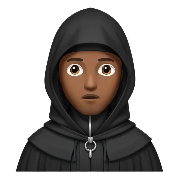 Black man wearing long black robe with tall pointed hood, face covered like a niqab with only eyes showing, standing in a confident, expressive pose sticker