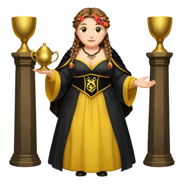 Helga Hufflepuff,brown-haired,2 braids,yellow-black medieval open dress,deep neckline,fat macromastia,black cloak decorated with gold braiding,gold cup with two handles,very kind smile,curvy busty sweet woman,round rosy cheeks,full length with medieval shoes sticker