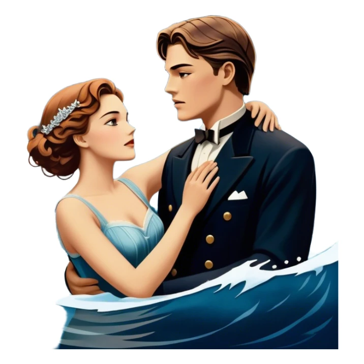 Icon for Titanic Movie: A vintage movie poster-style design featuring a dramatic scene of the ship, the iceberg, and a romantic silhouette of the main couple. Include elements like the ship’s bow, water splashes, and a starry sky in the background. Retro cinematic feel. Transparent background. sticker