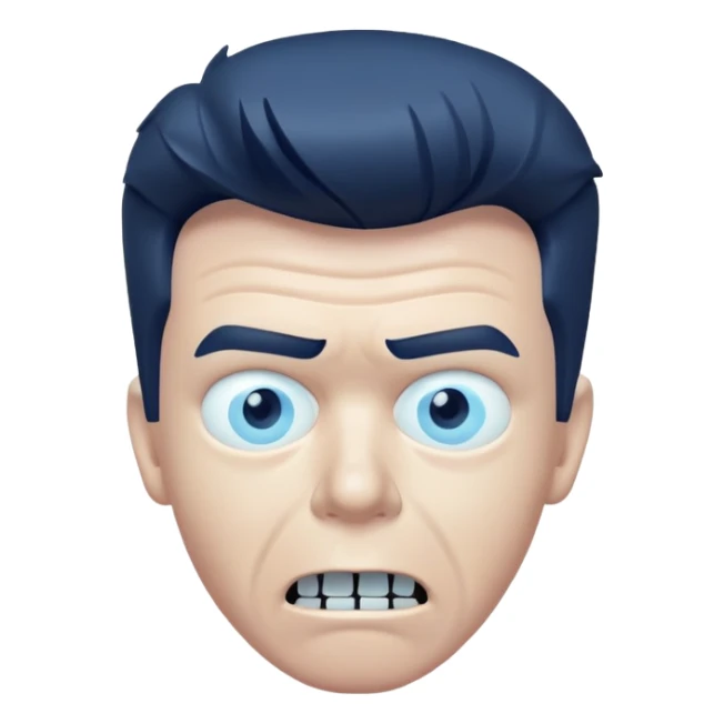 Rick Astley having a kind of worried face, but only his front teeth are sticking out, his eyes are blurred out, the background is pitch black, Rick Astley is kind of a dark blue color, and the entire picture, including Rick Astley, is a staticky, glitchy, horror, analog horror type sticker
