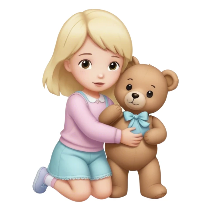
a child in pastel clothes picks up a teddy bear sticker