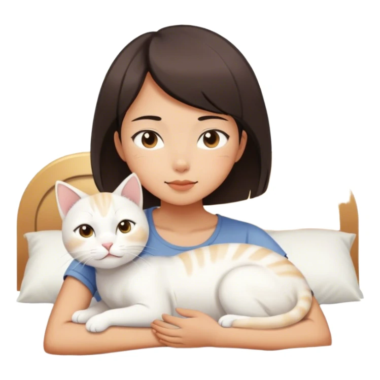 Short hair Asian girl wake up with white cat , sunshine  sticker