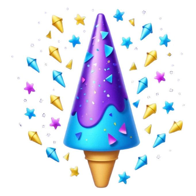 Emoji with glowing cone-shaped confetti popper, purple and blue colors emitting confetti and glitter, creating a bright festive atmosphere sticker