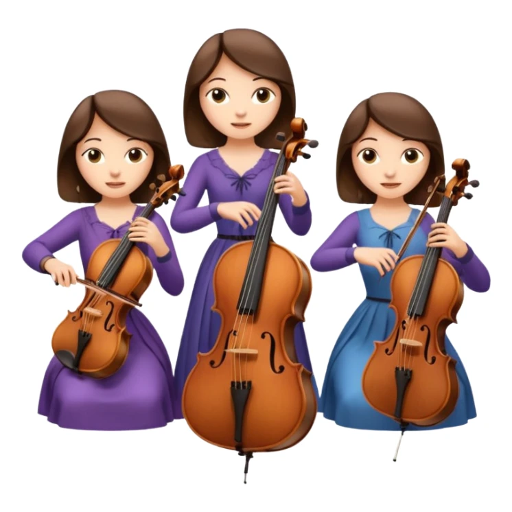 Create an imagine of three brunette women playing string instruments, the first is playing a cello, the second is playing a viola and the third is playing the violin sticker