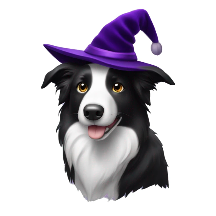 Black and white Border Collie wearing a dark purple velvet wizard hat.   sticker