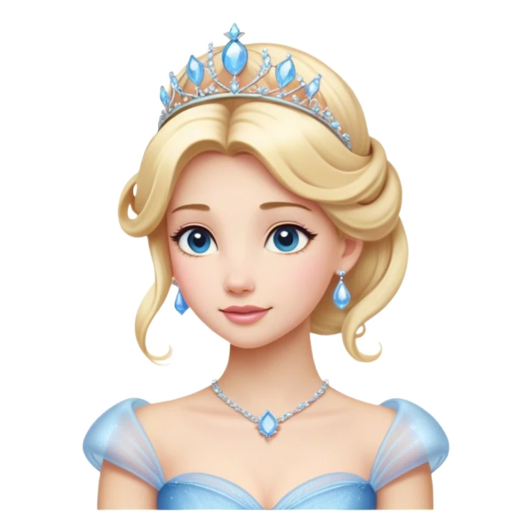 Cinematic Majestic Cinderella Portrait Emoji, rendered in a realistic, vector-style with clean, bold shapes. Depict Cinderella with a refined, noble expression, her fair skin luminous and her long blonde hair styled in an elegant updo, adorned with a delicate tiara. Her attire is a simple, sparkling ball gown that radiates soft pastel hues, glowing with a soft, majestic light and a subtle glowing outline, epitomizing classic royal beauty. sticker